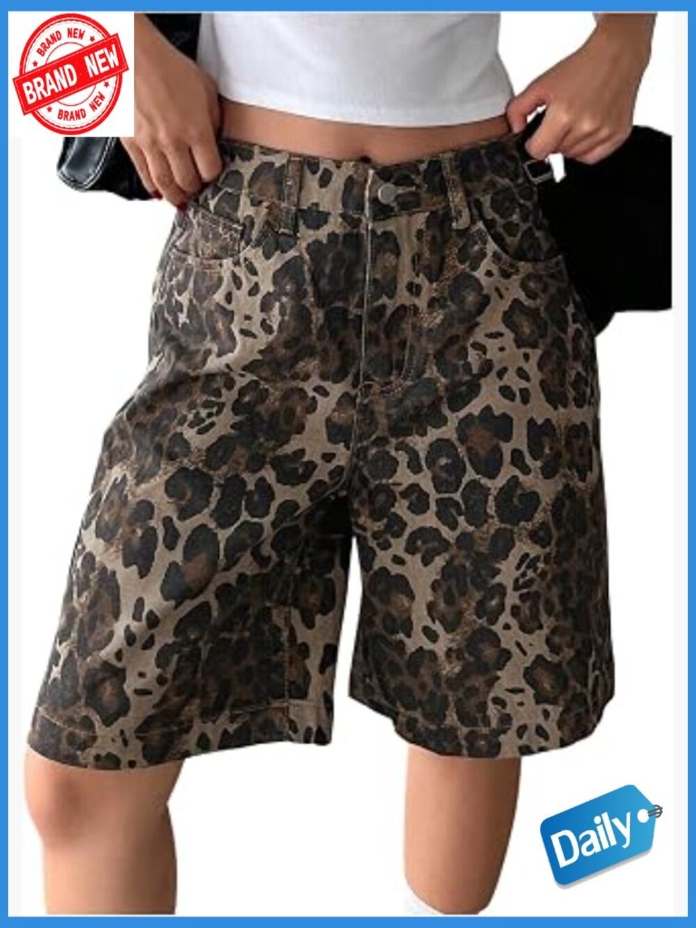 High Waisted Leopard Print Denim Bermuda Shorts Wide Leg Baggy Cargo